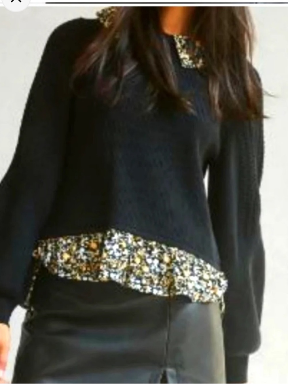 Anthropologie Black Sweater with Floral Trim (Black, Gold, White)